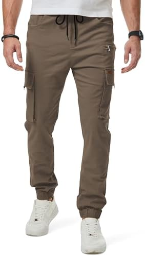 JMIERR Men’s Cargo Pants Drawstring Stretch Waist Waist Twill Joggers Trousers with Zipper Pockets