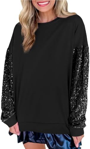 Sequin Tops for Women Trendy Long Sleeve Crewneck Sparkly Shirts Dressy Casual Loose Pullover Evening Party Blouses