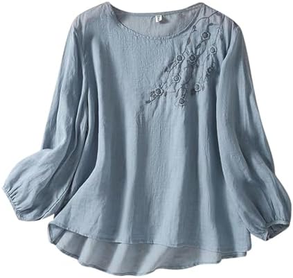 Women’s Cotton Linen Summer Button 3/4 Sleeve Shirts Summer Crew Neck Casual Boho Top Vintage Embroidery Blouse Tops