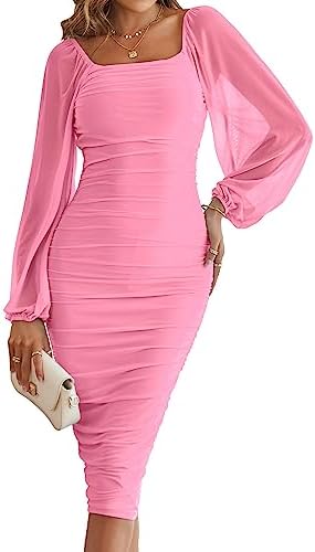 MEROKEETY Women’s Long Puff Sleeve Ruched Bodycon Dress Square Neck Mesh Cocktail Party Midi Dresses