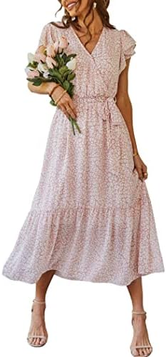 PRETTYGARDEN Women’s 2024 Floral Boho Dress Wrap V Neck Short Sleeve Belted Ruffle Hem A-Line Flowy Maxi Dresses