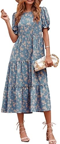 PRETTYGARDEN Women’s Summer Casual Boho Dress Floral Print Ruffle Puff Short Sleeve Flowy Midi Beach Party Dresses