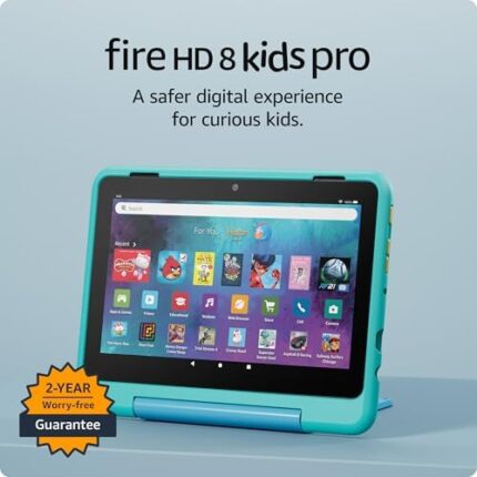 New Amazon Fire HD 8 Kids Pro tablet, ages 6-12. Bright 8″ HD screen, includes ad-free content, parental controls, 13-hr battery, slim case for older kids, 32GB, Hello Teal, (2024 release)