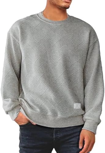 Men’s Crewneck Sweatshirts Soild Color Geometric Texture Long Sleeve Casual Pullover Shirt