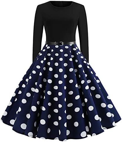 Women’s 1950s Retro Vintage Rockabilly Crewneck Cocktail Dress Polka Dot Aline Homecoming Prom Party Dresses with Belt