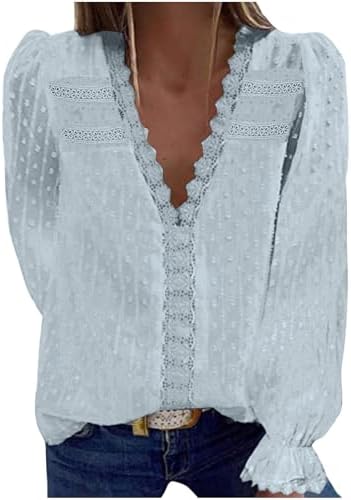 Women Puff Long Sleeve Shirts Dressy Casual Lace Trim V Neck Pom Poms Shirt Tops Fashion Chiffon Travel Holiday Blouse