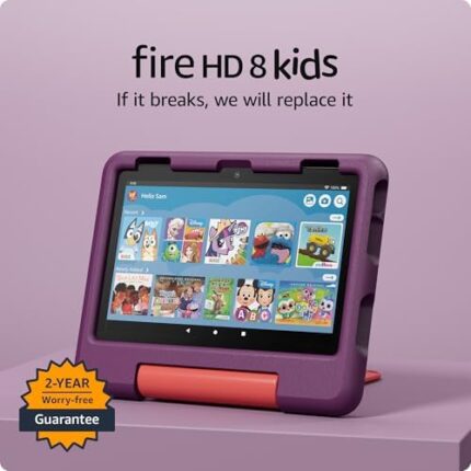 New Amazon Fire HD 8 Kids tablet, ages 3-7 | 3GB memory, bright 8″ HD screen. Includes ad-free and exclusive content, parental controls and 13-hr battery, 32GB, Grape, (2024 release)