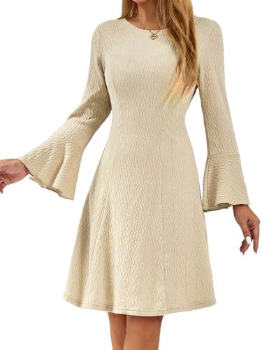 HomRain Women’s Casual Knit Dress Fall Dresses Long Bell Sleeve Dress A-Line Dresses for Women 2024 Crewneck Sweater Dress