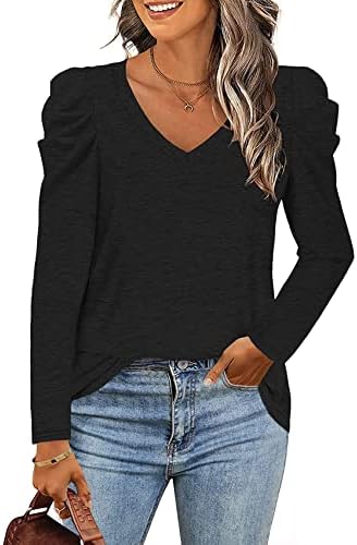 LCXWFE Womens Tunic Tops Puff Sleeve Casual V Neck Long Sleeve Shirts Solid Color S-2XL