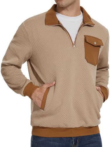 Mens Quarter Zip Pullover Casual Geometric Texture Knit Sweatshirt Long Sleeve Mock Neck Sweater Polo with Pocket