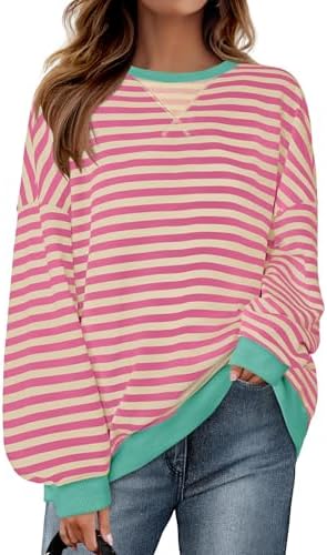 ZESICA Womens Casual Striped Pullover Tops Long Sleeve Shirts Crewneck Oversized Sweatshirts Spring Clothes