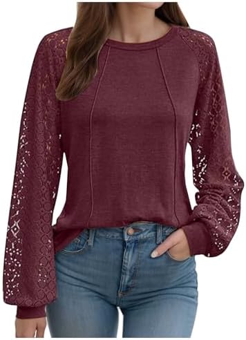 Lace Long Sleeve Shirts for Women Business Casual Loose Crewneck Blouse Trendy Flowy Tshirt 2024 Fall Winter Clothes