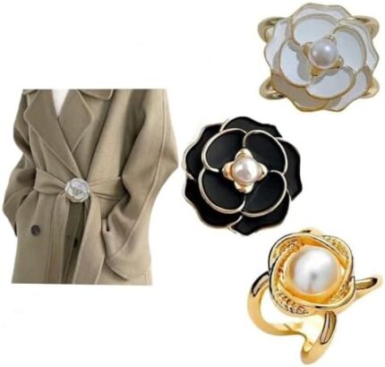 Women’s Elegant Pearl Floral Scarf Ring Clip,Camellia Scarf Buckle Cloak Pin Scarf Shawl Buckle Clasp Pin,Scarf Ring Buckle Metal Shawl Clip 3PCS