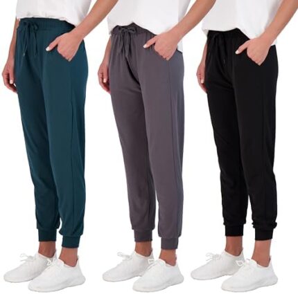 Real Essentials 3 Pack: Women’s Ultra-Soft Lounge Joggers Sweatpants Athletic Yoga Pants with Pockets (Available in Plus)