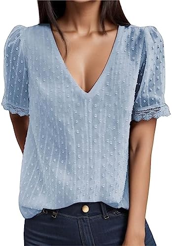 Summer Tops for Women 2024 Dressy Casual Puff Short Sleeve T Shirts V Neck Business Western Blouse Office Clothes