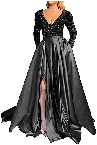 Women Sequin Satin Patchwork Party Dress V-Neck Long Sleeve Prom Dress Sexy High Slit Dress Formal Evening Gowns