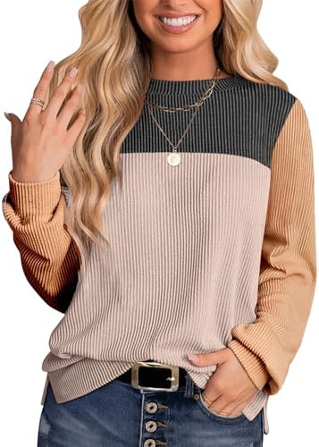 Womens Fashion Color Block Tops Crewneck Knitted Long Sleeve Shirts Casual Loose Fall Pullover with Side Slits