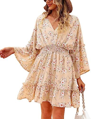 Women’s Spring Summer 2023 Floral Mini Dress Boho A Line Chiffon Dress Casual Batwing Sleeve Short Dress