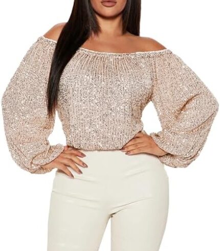 Off Shoulder Sequin Tops for Women Trendy Long Sleeve Sparkle Shirts Holiday Evening Party Sexy Club Night Blouse