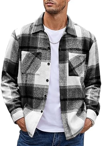 COOFANDY Men’s Flannel Shirts Casual Button Down Plaid Shirt Jacket Long Sleeve Fleece Shacket with Pockets