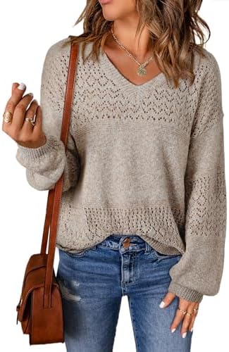 SHEWIN Womens Sweaters Casual Long Sleeve V Neck Lightweight Crochet Pullover Sweater Tops