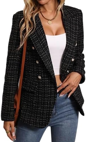 2024 Winter Tweed Blazers for Women Fully-Lined Warm Fashion Business Casual Elegant Plaid Jacket Coat with Pockets