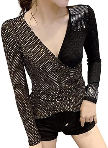 Sequin Tops for Women Trendy Long Sleeve Sparkly Shirts Dressy Casual V Neck Loose Fit Club Tee Evening Party Blouse