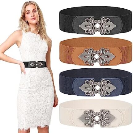 LEACOOLKEY 4 Pack Women Wide Elastic Waist Belt for Dress Vintage Stretch Cinch Belt Retro Buckle