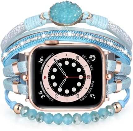 VISOOM Beaded Boho Bracelet Compatible for Apple Watch Band 40mm/38mm/41mm Series 10 9 8 7 SE Series 6/5/4 Women Leather Fashion Cute Handmade Multilayer Wrap Watch Strap for iWatch Bands 3/2/1