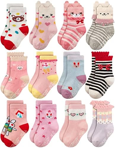 RATIVE Non Skid Anti Slip Cotton Dress Crew Socks With Grips For Baby Infant Toddler Kids Girls