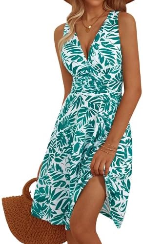 OURIN Women’s Spring Deep V Neck Sleeveless Floral Sundresses with Pockets Flowy Summer Dresses for Women 2024