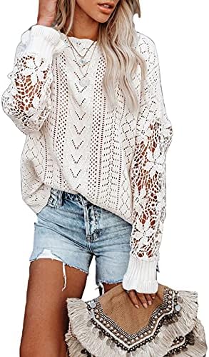 Dokotoo Womens Crewneck Crochet Lace Long Sleeve Hollow Out Cable Knit Sweaters Pullover Tops