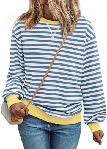 Trendy Queen Sweatshirts for Women 2024 Fall Crewneck Striped Long Sleeve Shirts Preppy Tops Y2K Winter Outfits Clothes