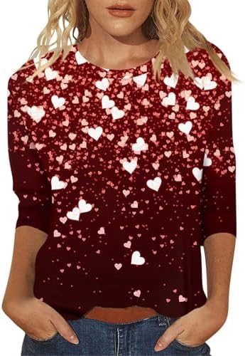 Valentine’s Day Shirts for Women Casual Heart Printed Holiday Clothes 3/4 Sleeve Crew Neck Pullover Tops