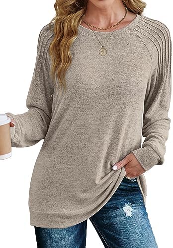 Saloogoe Sweatshirt for Women Crewneck Pleated Long Sleeve Shirts Tunic Tops Fashion 2024