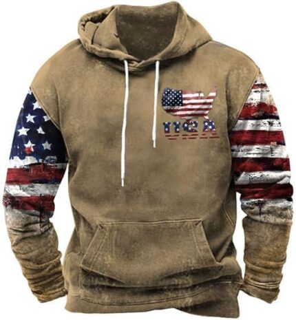 ZOCAVIA American Flag Hoodies for Men USA Graphic Hooded Sweatshirts Drawstring Western Ethnic Boys Pullover Tops