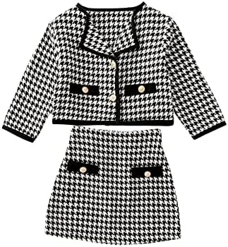 WDIRARA Toddler Girl’s 2 Piece Houndstooth Button Front Long Sleeve Round Neck Jacket and Skirt Outfits Set