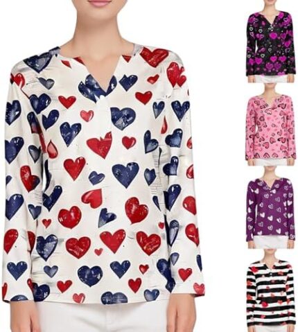 Womens Valentine’s Day Tshirts Graphic Tees Long Sleeve V Neck Heart Printed Shirts Dressy Casual Blouses Cute Tops