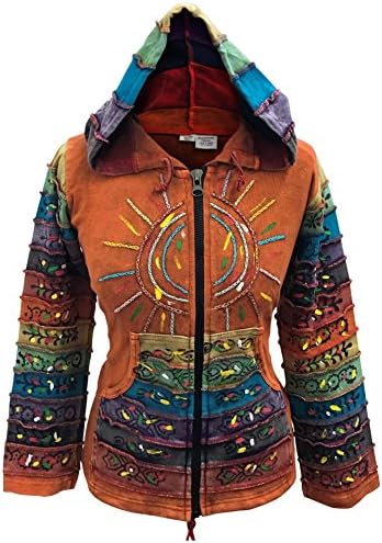 Shopoholic Fashion Women’s Sun Patchwork Pixie Hippy Ribs Hoodie Faded Jacket