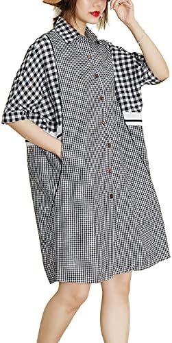 ellazhu Women Half Sleeves Midi Casual Plaid Button V-Neck Shirt Dresses GA2249