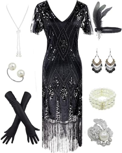 Women’s 1920s Gatsby Inspired Sequin Beads Long Fringe Flapper Dress w/Accessories Set