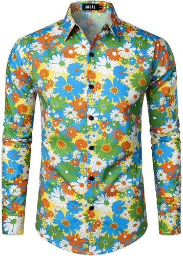 JOGAL Mens 70s Floral Dress Shirt Long Sleeve Printed Casual Button Down Shirts