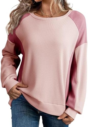 Dokotoo Oversized Sweatshirt for Women Waffle Knit Color Block Crewneck Long Sleeve Casual High Low Pullover Sweatshirts Tops