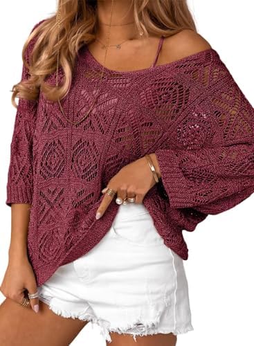 Dokotoo Women’s 2025 Spring Summer Crochet Hollow Out 3/4 Sleeve Pullover Sweater Off Shoulder T-Shirts