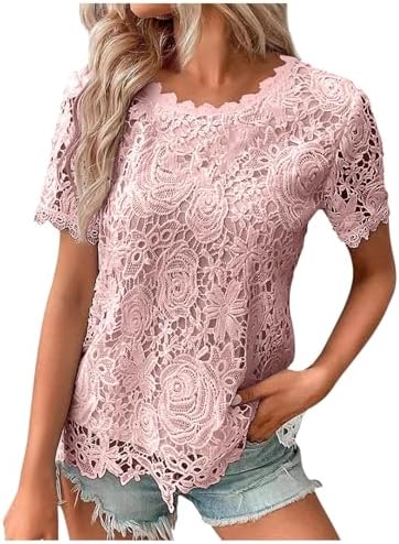 Summer Tops for Women 2024 Lace Crochet Embroidery Crewneck T Shirts Dressy Casual Short Sleeve Elegant Work Blouses