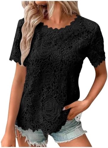 Summer Tops for Women 2025 Lace Crochet Embroidery Crewneck T Shirts Dressy Casual Short Sleeve Elegant Work Blouses