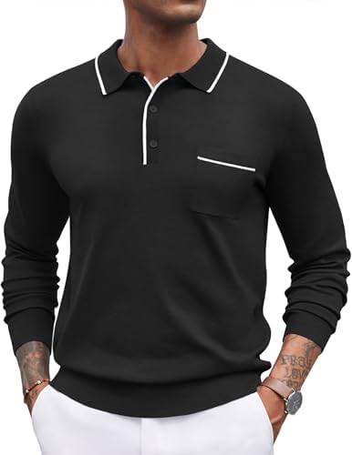 COOFANDY Mens Knit Polo Long Sleeve Collared Sweater Polo Business Casual Polos with Pocket