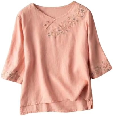 Cotton Linen Shirts for Women 2025 Trendy Summer Baggy Crewneck 3/4 Sleeve Tops Casual Boho Embroidered Work Blouses