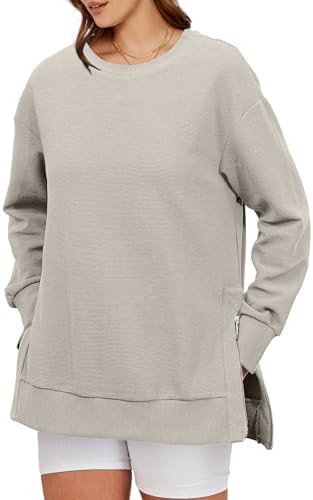 Glamaker Womens Oversized Sweatshirts Crewneck Side Zipper Pollover Long Sleeve Hoodie Sweaters 2024 Fall Clothes