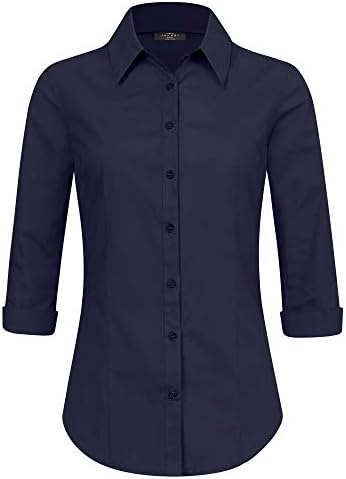 Made By Johnny MBJ Women’s Solide 3/4 Sleeve Stretchy Button Down Collared Office Formal Casua Blouse (S~3XL)